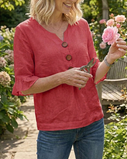 V Neck Button Detail Ruffle Sleeve Top