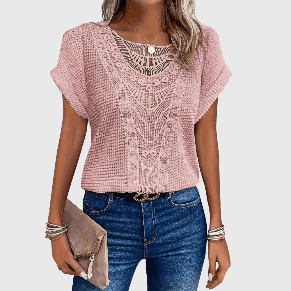 Textured Perforated Geometric Rolled Sleeved Relaxed Top