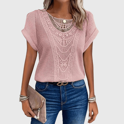 Textured Perforated Geometric Rolled Sleeved Relaxed Top