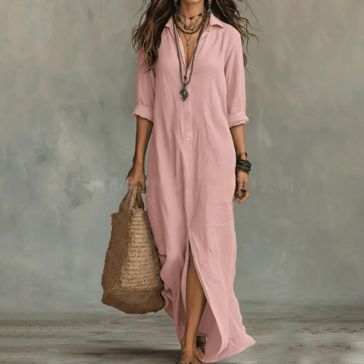 Collared Buttoned Loose Front Slit Dress