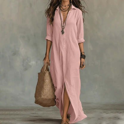 Collared Buttoned Loose Front Slit Dress