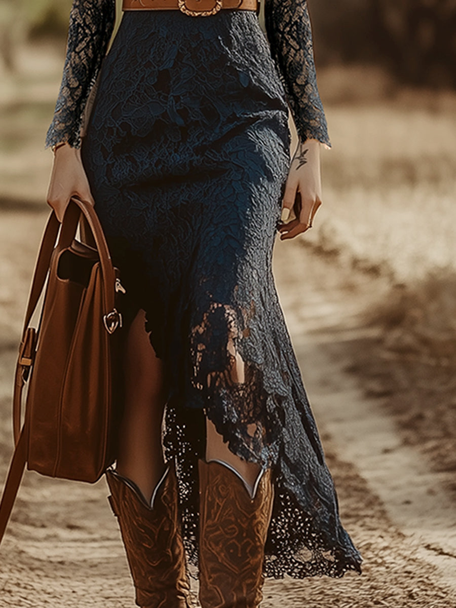 Plunging Scalloped Fitted Long Asymmetric Maxi Dress