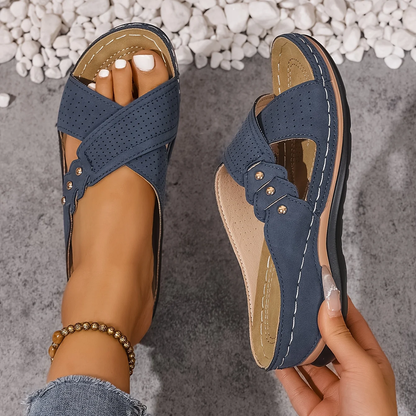 Crossed Studded Stitched Wedged Sandals