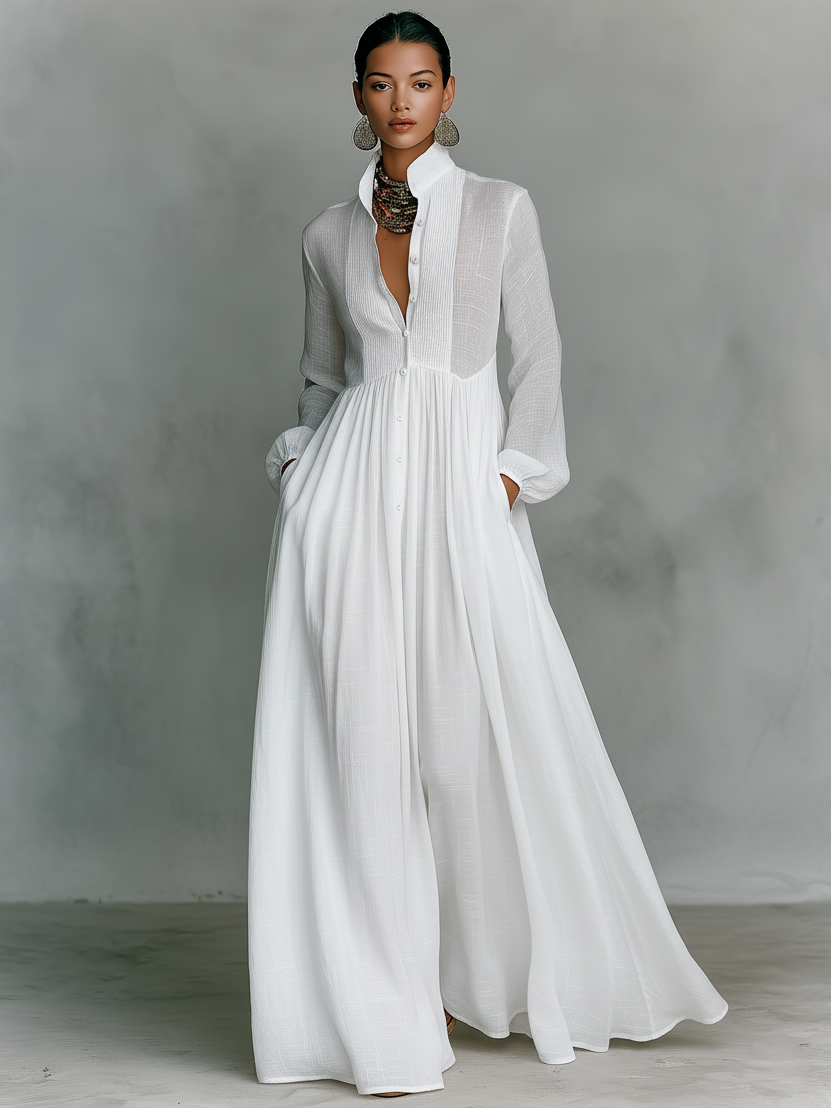 Pleated Pintuck Button Front Maxi Dress
