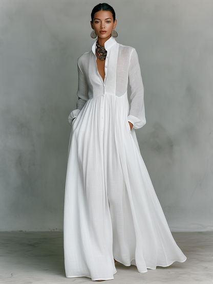 Pleated Pintuck Button Front Maxi Dress