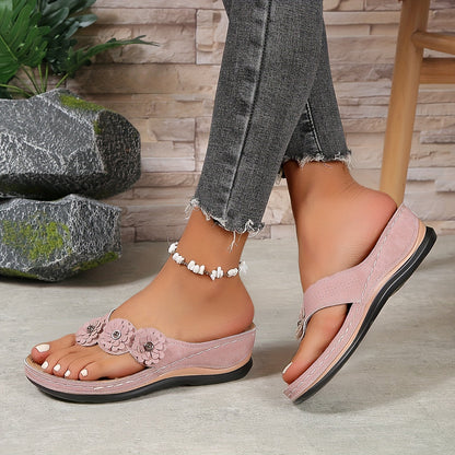 Flower Detail Thong Post Platform Sandals