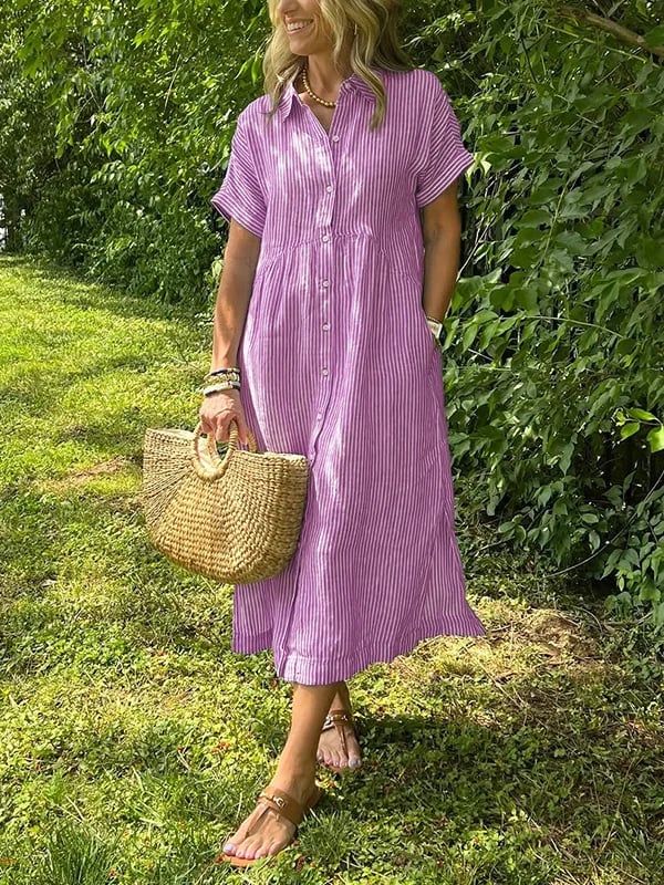 Striped Collared Buttoned Short Sleeved Dress