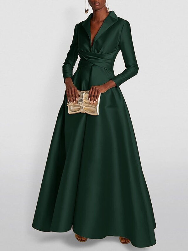 Lapel Neck Crisscross Satin A Line Maxi Dress