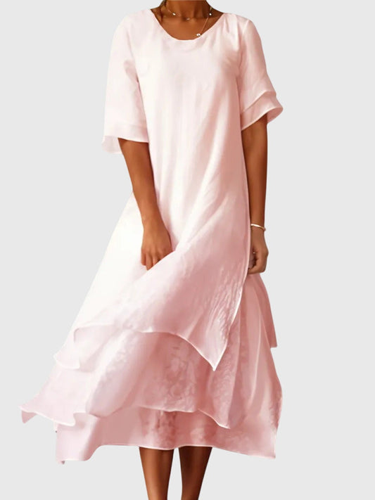 Layered Asymmetric Scoop Neck Short Sleeve Midi Dress