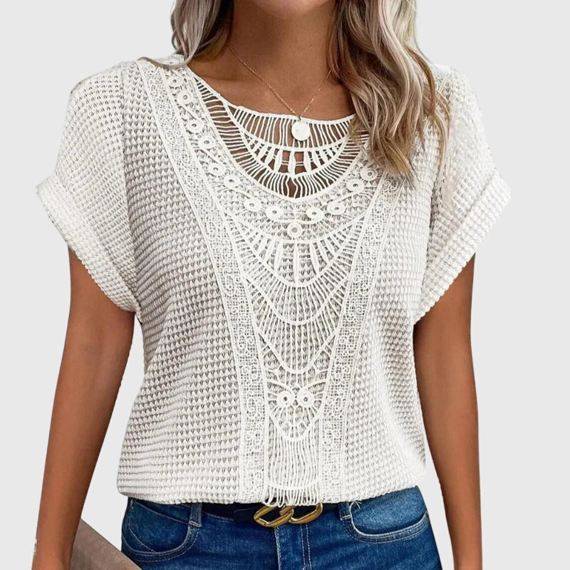 Textured Perforated Geometric Rolled Sleeved Relaxed Top