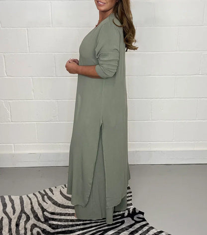 Long Sleeve V Neck Slit Set