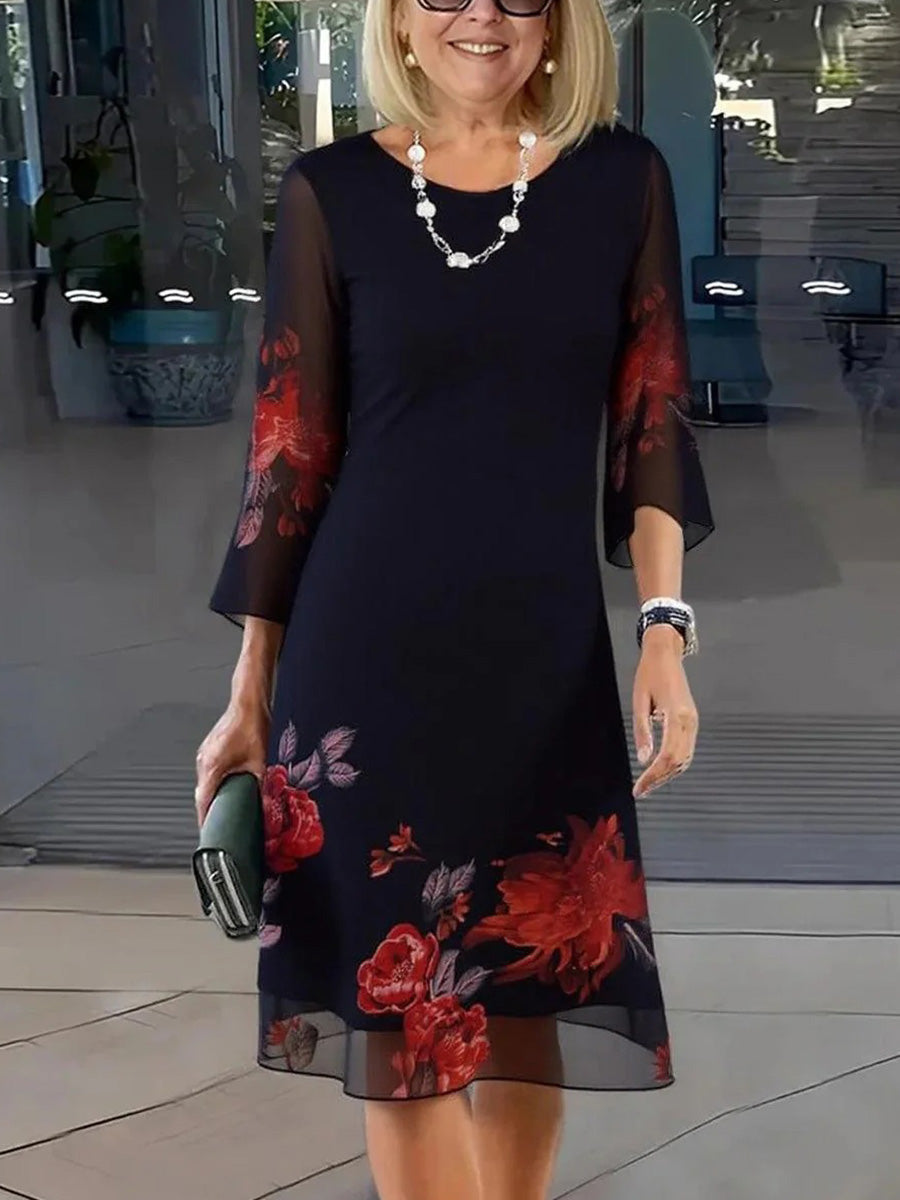 Round Flared Floral Printed Layered Midi Dress
