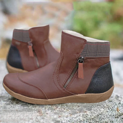 Plaid Trim Side Zip Flat Ankle Boots