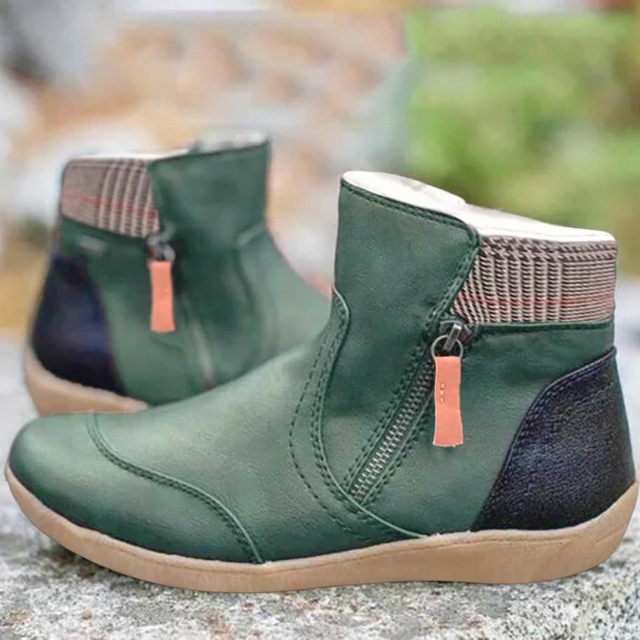 Plaid Trim Side Zip Flat Ankle Boots