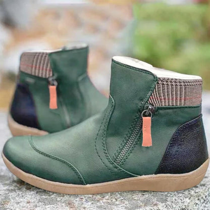 Plaid Trim Side Zip Flat Ankle Boots