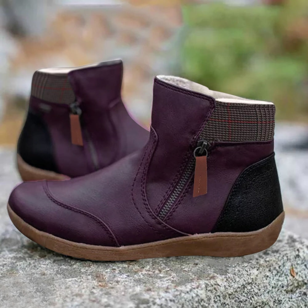 Plaid Trim Side Zip Flat Ankle Boots