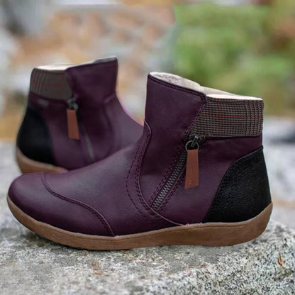 Plaid Trim Side Zip Flat Ankle Boots