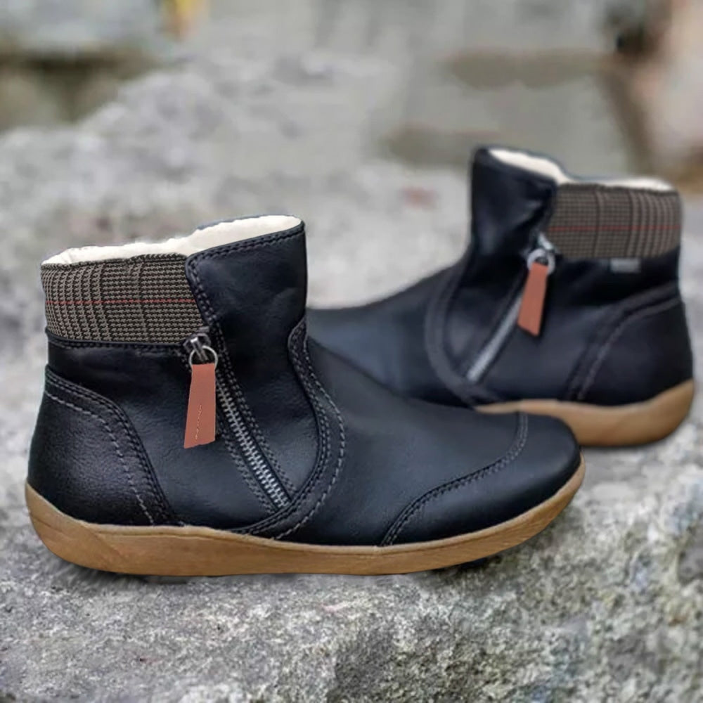 Plaid Trim Side Zip Flat Ankle Boots