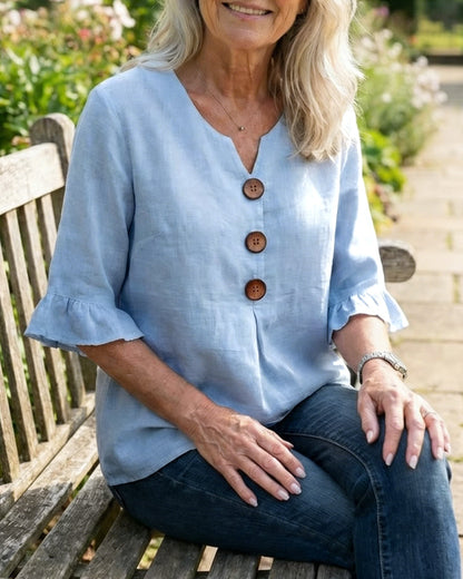 V Neck Button Detail Ruffle Sleeve Top