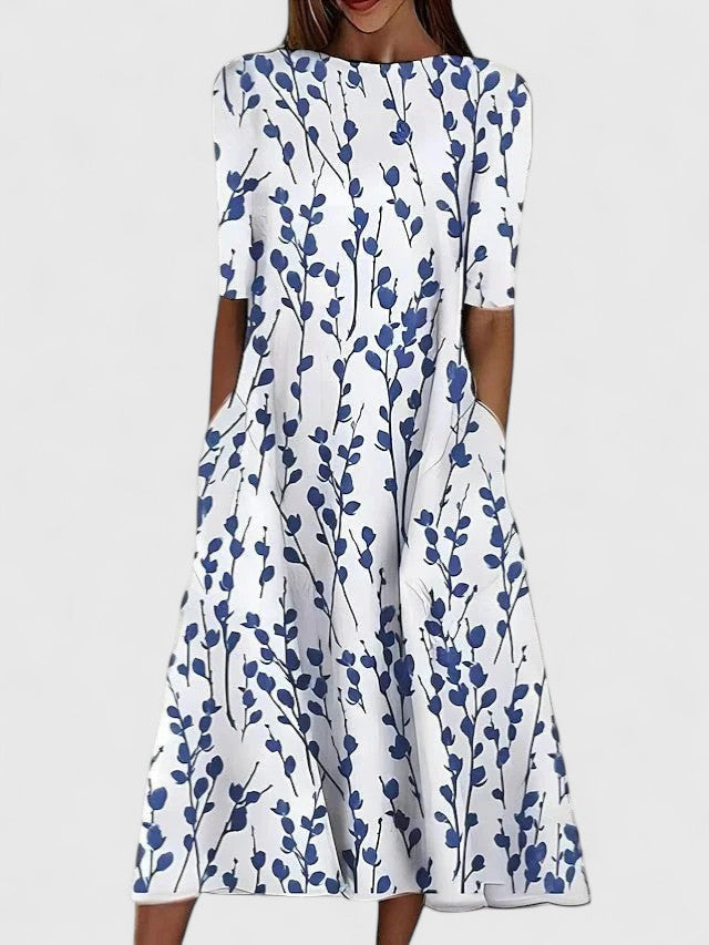 Short Sleeve Crew Neck Botanical Print A Line Dress Midi