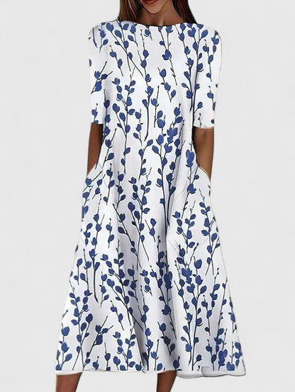 Short Sleeve Crew Neck Botanical Print A Line Dress Midi