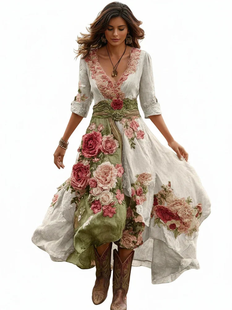 Women's V-Neck Wrap Front Three-Quarter Sleeve Floral Midi Dress