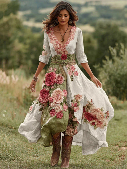 Women's V-Neck Wrap Front Three-Quarter Sleeve Floral Midi Dress