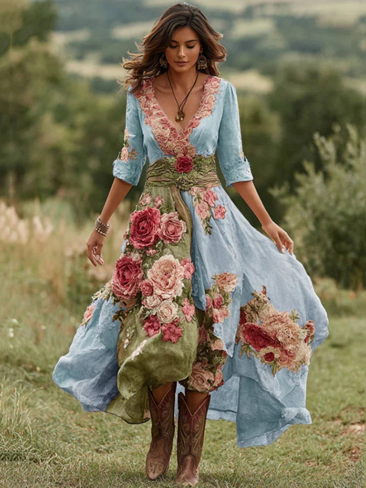 Women's V-Neck Wrap Front Three-Quarter Sleeve Floral Midi Dress
