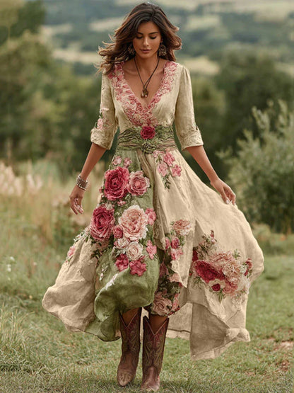 Women's V-Neck Wrap Front Three-Quarter Sleeve Floral Midi Dress