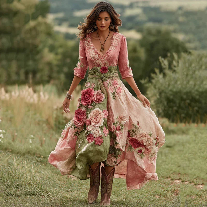 Women's V-Neck Wrap Front Three-Quarter Sleeve Floral Midi Dress