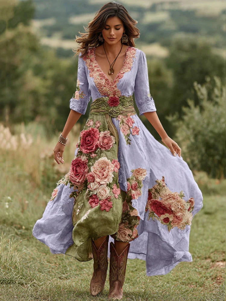 Women's V-Neck Wrap Front Three-Quarter Sleeve Floral Midi Dress