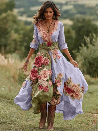 Women's V-Neck Wrap Front Three-Quarter Sleeve Floral Midi Dress