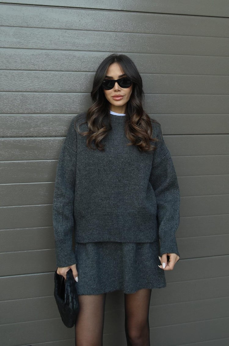 Crew Neck Long Sleeve Sweater and Mini Skirt Set For Women