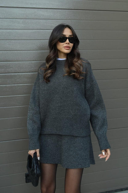 Crew Neck Long Sleeve Sweater and Mini Skirt Set For Women