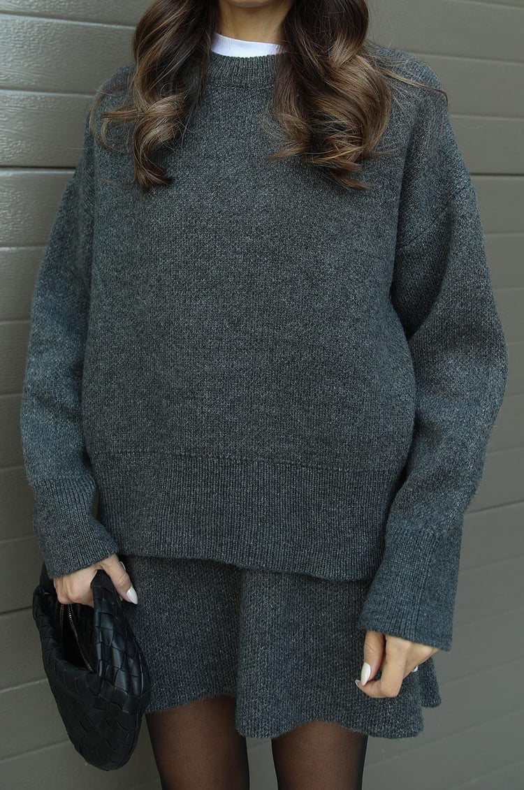 Crew Neck Long Sleeve Sweater and Mini Skirt Set For Women