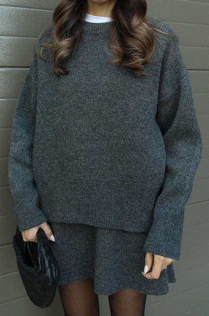 Crew Neck Long Sleeve Sweater and Mini Skirt Set For Women