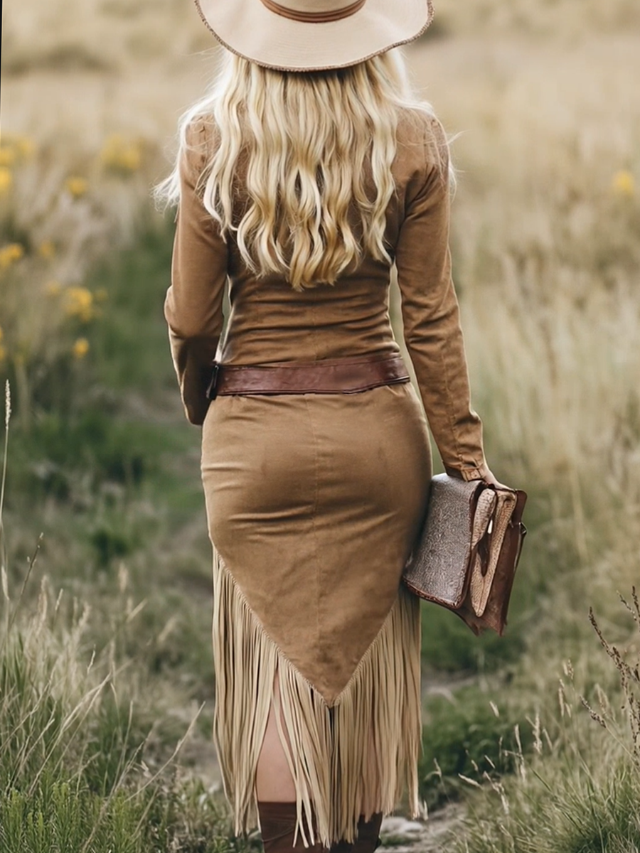 Zippered Pocketed Fringed Fitted Asymmetric Dress