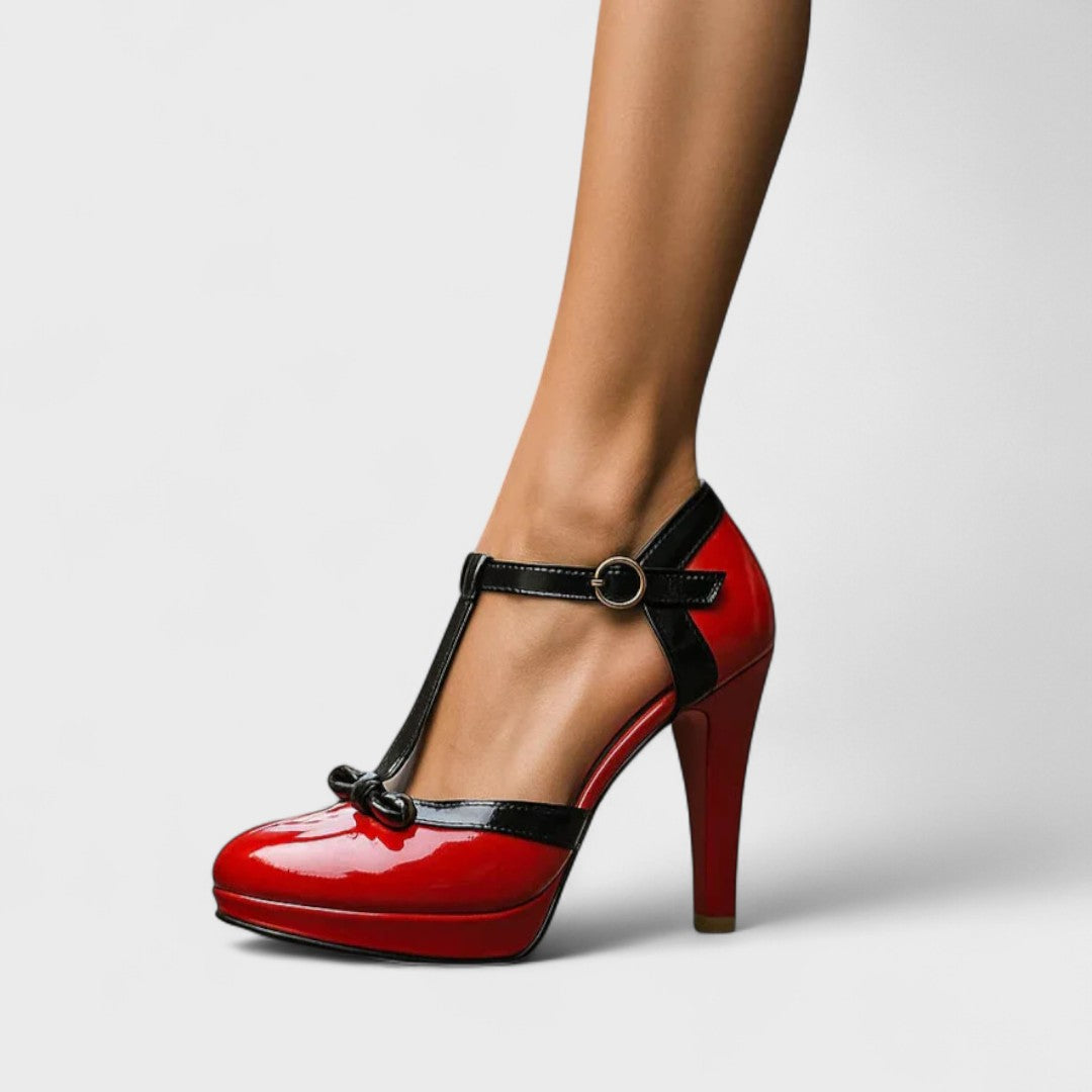 T Strap Knotted Closed Toe Tapered Heels