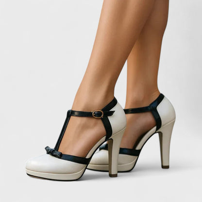 T Strap Knotted Closed Toe Tapered Heels