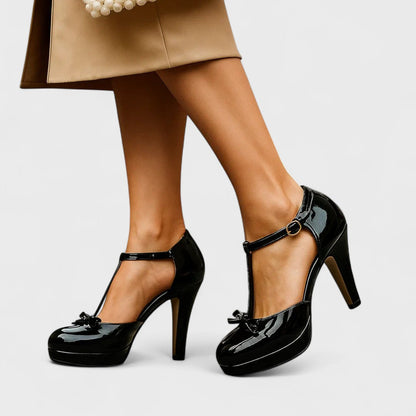 T Strap Knotted Closed Toe Tapered Heels