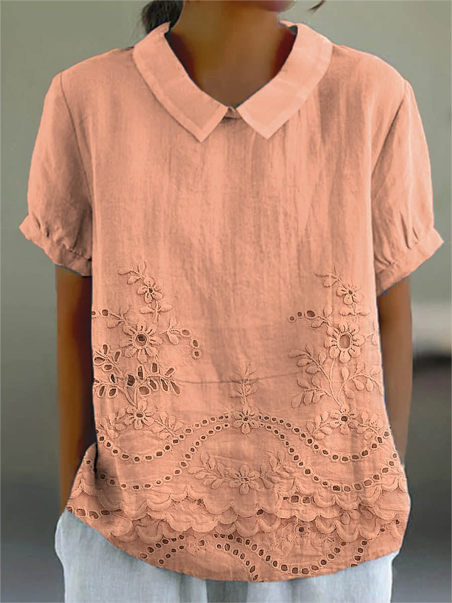 Embroidered Eyelet Scalloped Peter Pan Collar Shirt