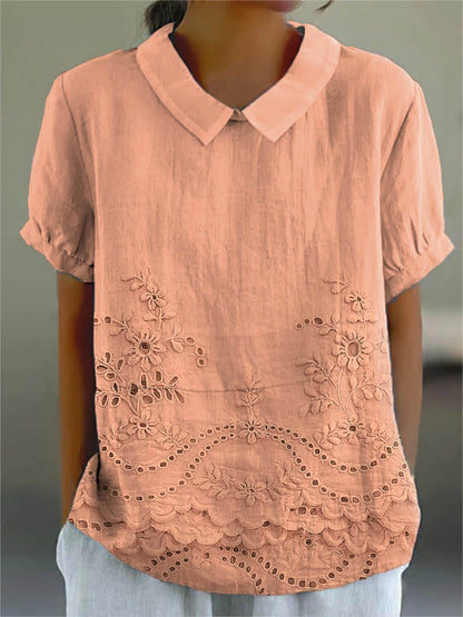 Embroidered Eyelet Scalloped Peter Pan Collar Shirt