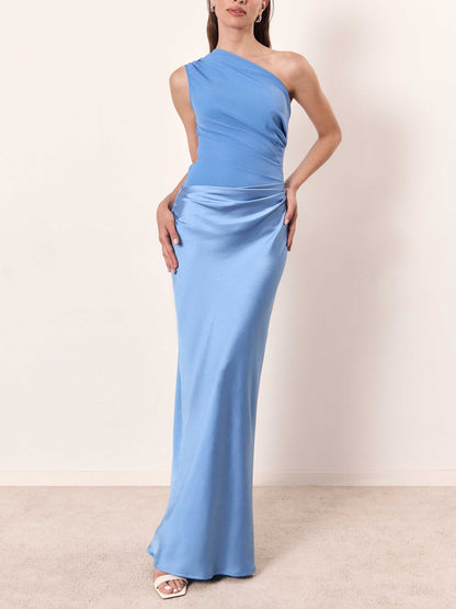 Sleeveless Draped Asymmetric Pleated Maxi Dress