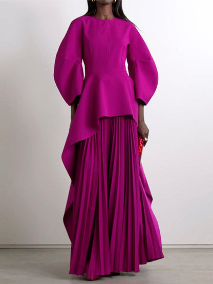 Long Sleeves Loose Pleated Tiered Round-Neck Maxi Dress