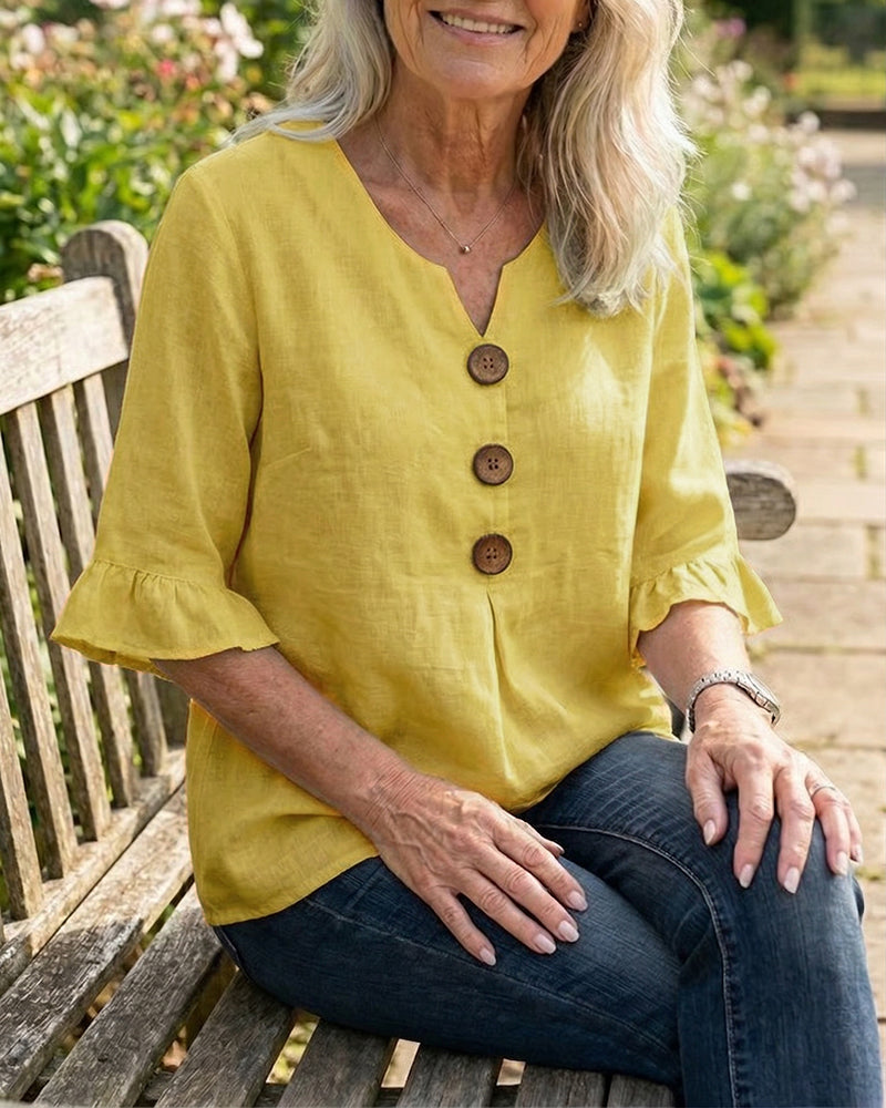 V Neck Button Detail Ruffle Sleeve Top