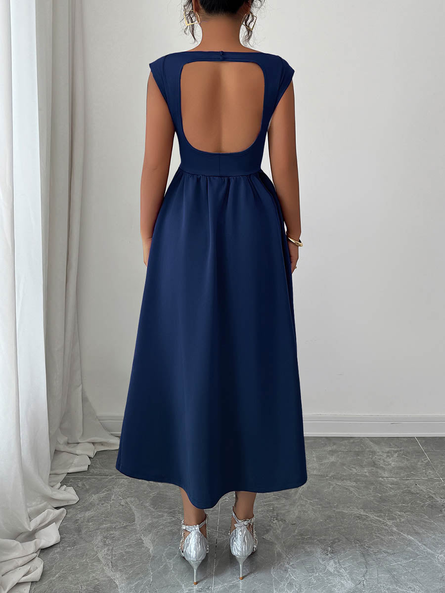Boat Neck Sleeveless Pleated A-Line Backless Midi Dress with Pockets