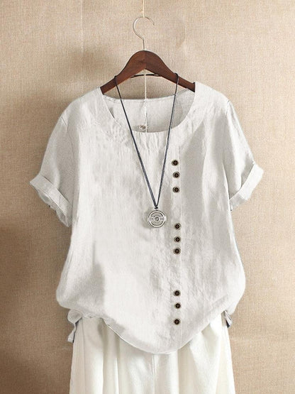 Rolled Placketed Rounded Loose Dropped Textured Blouse