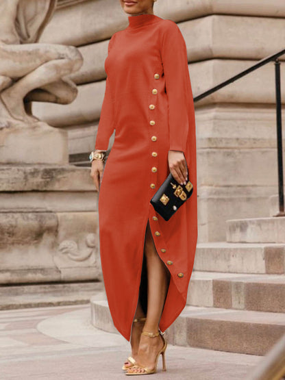 Buttoned Mock Neck Long Sleeve Slit Dress