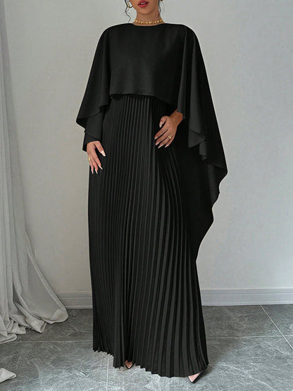 Cape Layered Pleated Round High Maxi Dress