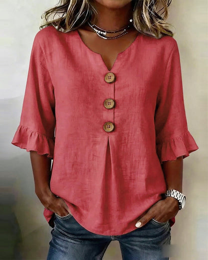 V Neck Button Detail Ruffle Sleeve Top